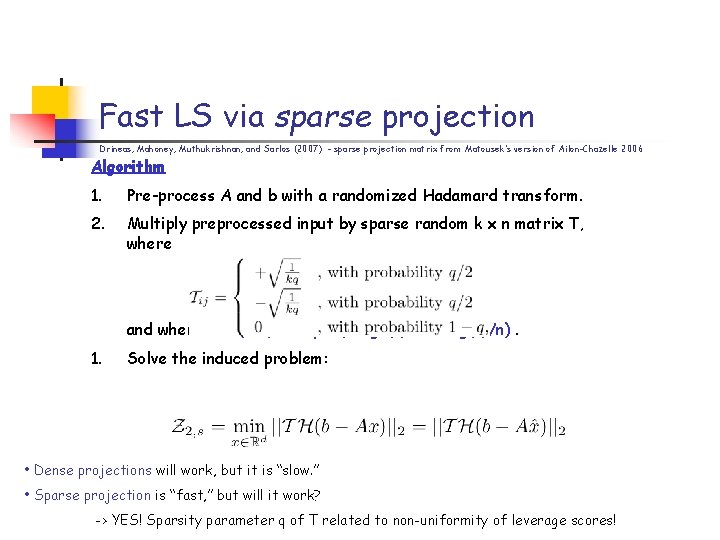 Fast LS via sparse projection Drineas, Mahoney, Muthukrishnan, and Sarlos (2007) - sparse projection