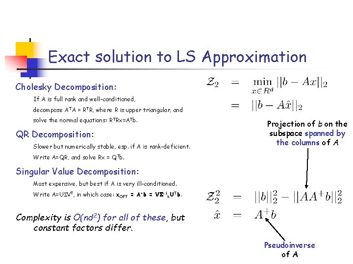 Exact solution to LS Approximation Cholesky Decomposition: If A is full rank and well-conditioned,