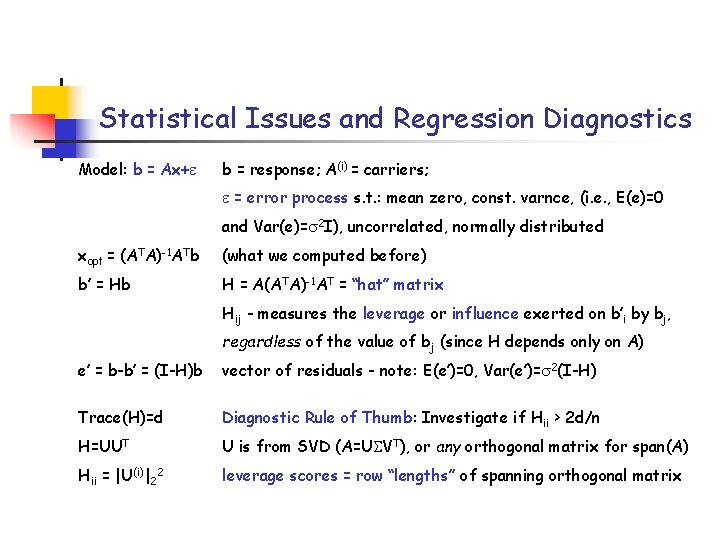 Statistical Issues and Regression Diagnostics Model: b = Ax+ b = response; A(i) =