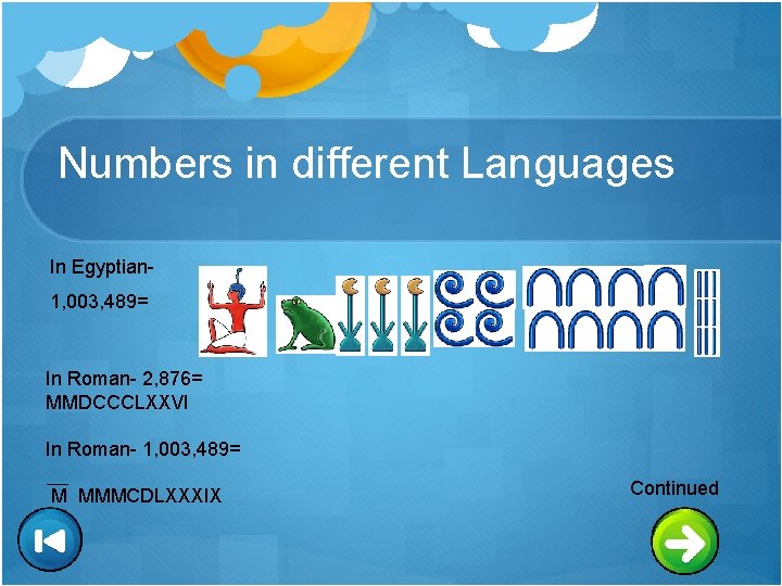Numbers in different Languages In Egyptian 1, 003, 489= In Roman- 2, 876= MMDCCCLXXVI