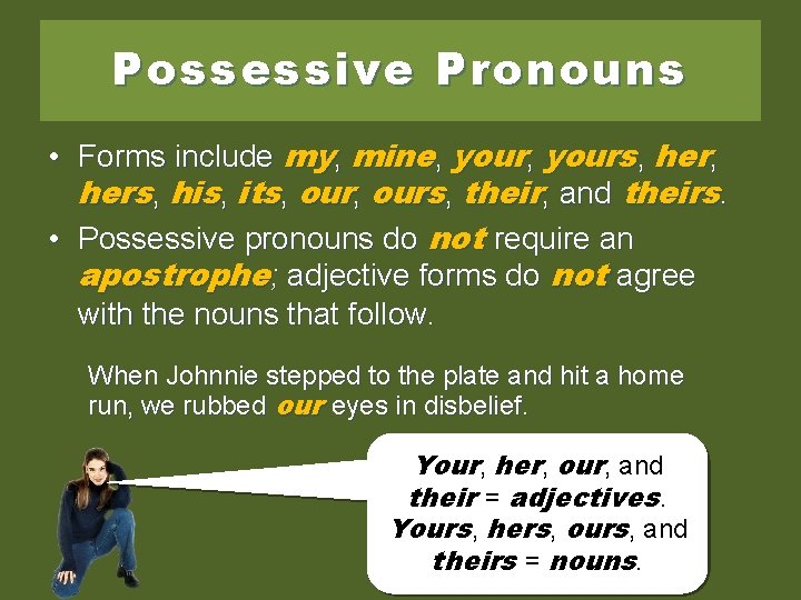 Possessive Pronouns • Forms include my, mine, yours, hers, his, its, ours, their, and