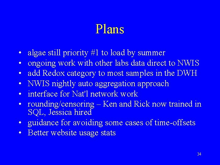 Plans • • • algae still priority #1 to load by summer ongoing work