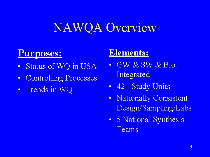 NAWQA Overview Purposes: Elements: • Status of WQ in USA • Controlling Processes •