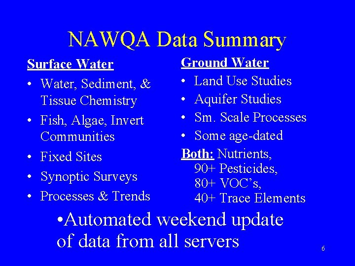 NAWQA Data Summary Surface Water • Water, Sediment, & Tissue Chemistry • Fish, Algae,