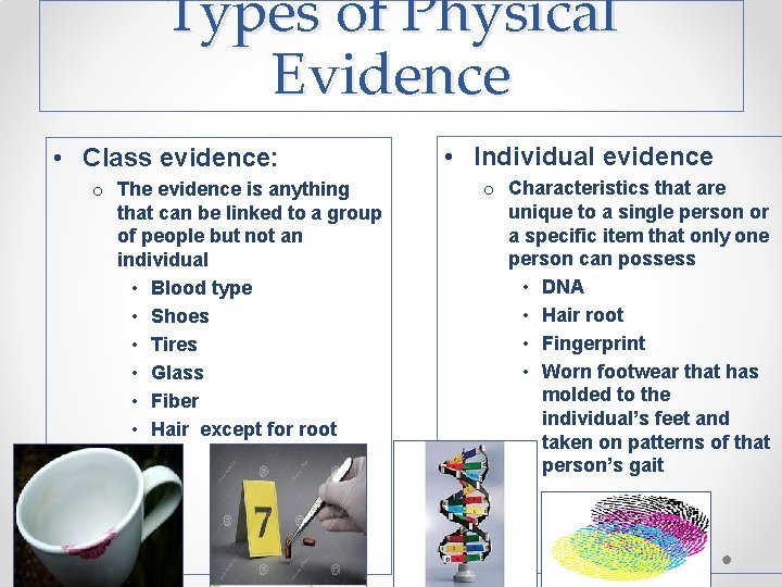 Types of Physical Evidence • Class evidence: o The evidence is anything that can