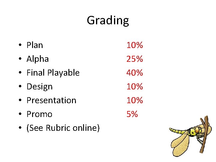 Grading • • Plan Alpha Final Playable Design Presentation Promo (See Rubric online) 10% Grading • • Plan Alpha Final Playable Design Presentation Promo (See Rubric online) 10%