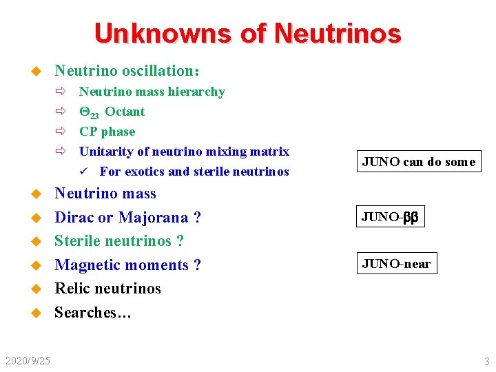 Unknowns of Neutrinos u Neutrino oscillation： ð ð u u u 2020/9/25 Neutrino mass