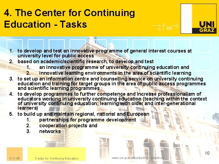 4. The Center for Continuing Education - Tasks 1. to develop and test an