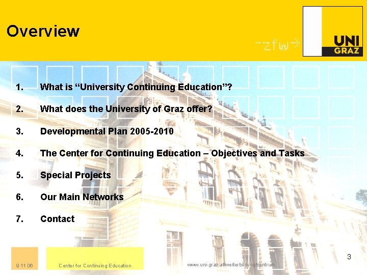 Overview 1. What is “University Continuing Education”? 2. What does the University of Graz