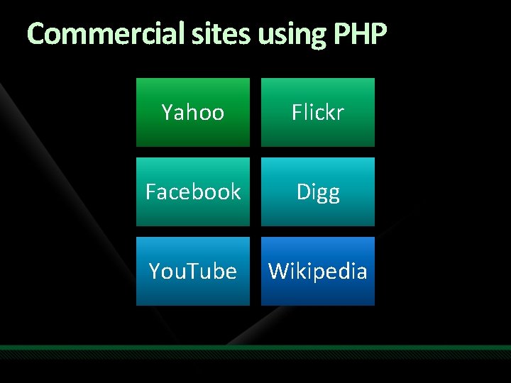 Commercial sites using PHP Yahoo Flickr Facebook Digg You. Tube Wikipedia 