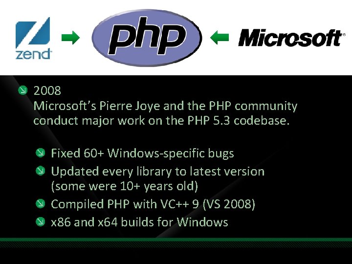 2008 Microsoft’s Pierre Joye and the PHP community conduct major work on the PHP