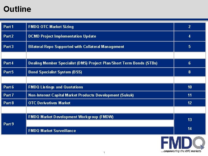 Outline Part 1 FMDQ OTC Market Sizing 2 Part 2 DCMD Project Implementation Update