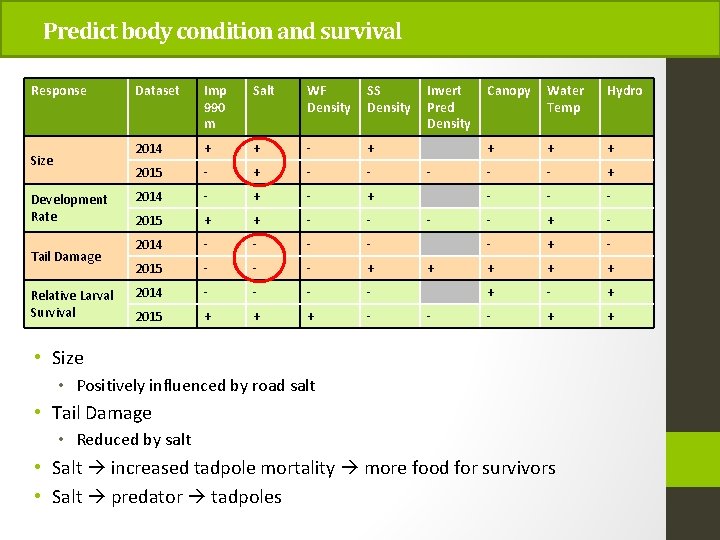 Predict body condition and survival Response Size Development Rate Tail Damage Relative Larval Survival