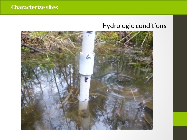 Characterize sites Hydrologic conditions 