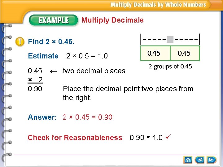 Multiply Decimals Find 2 × 0. 45. Estimate 2 × 0. 5 = 1. 0