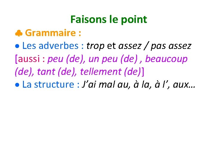  Faisons le point Grammaire : Les adverbes : trop et assez / pas