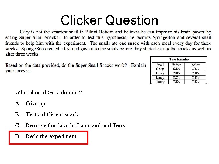 Clicker Question What should Gary do next? A. Give up B. Test a different