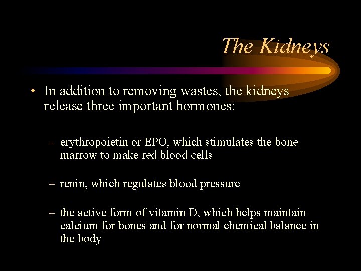 The Kidneys • In addition to removing wastes, the kidneys release three important hormones: