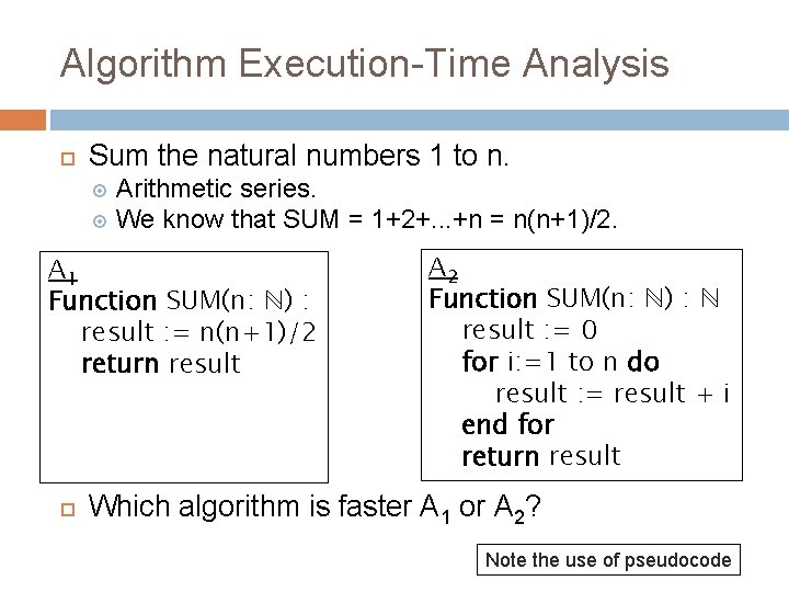 Algorithm Execution-Time Analysis Sum the natural numbers 1 to n. Arithmetic series. We know Algorithm Execution-Time Analysis Sum the natural numbers 1 to n. Arithmetic series. We know