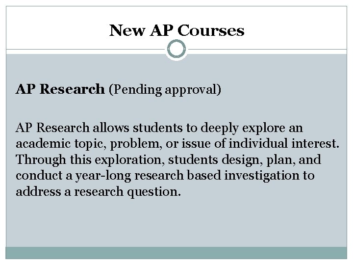 New AP Courses AP Research (Pending approval) AP Research allows students to deeply explore New AP Courses AP Research (Pending approval) AP Research allows students to deeply explore