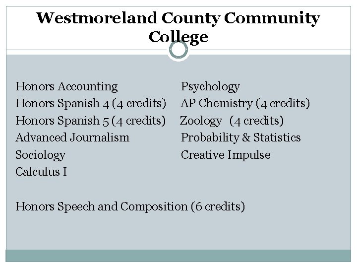 Westmoreland County Community College Honors Accounting Psychology Honors Spanish 4 (4 credits) AP Chemistry Westmoreland County Community College Honors Accounting Psychology Honors Spanish 4 (4 credits) AP Chemistry