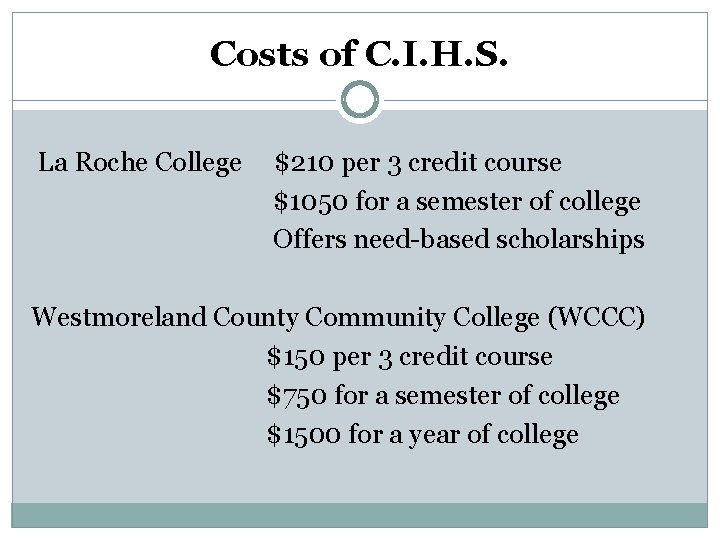 Costs of C. I. H. S. La Roche College $210 per 3 credit course Costs of C. I. H. S. La Roche College $210 per 3 credit course