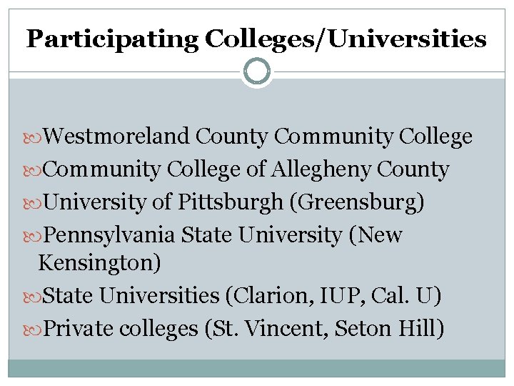 Participating Colleges/Universities Westmoreland County Community College of Allegheny County University of Pittsburgh (Greensburg) Pennsylvania Participating Colleges/Universities Westmoreland County Community College of Allegheny County University of Pittsburgh (Greensburg) Pennsylvania
