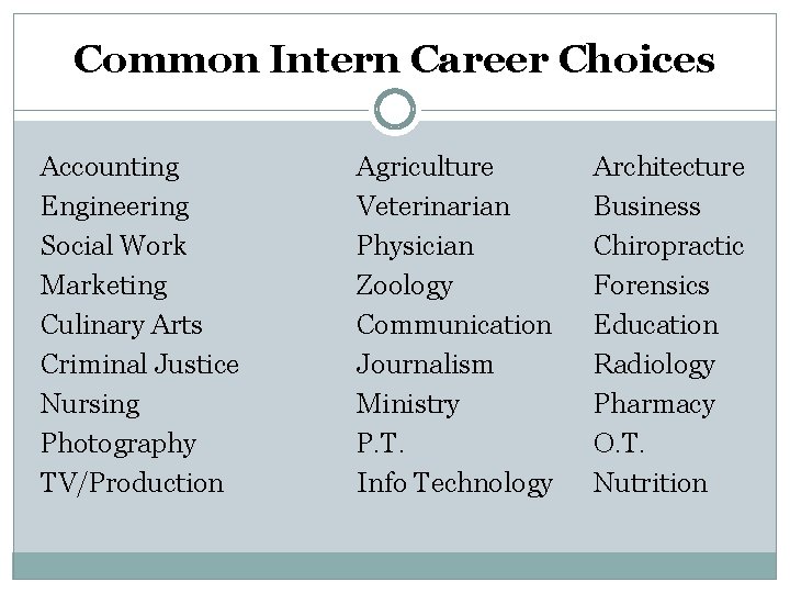 Common Intern Career Choices Accounting Engineering Social Work Marketing Culinary Arts Criminal Justice Nursing Common Intern Career Choices Accounting Engineering Social Work Marketing Culinary Arts Criminal Justice Nursing