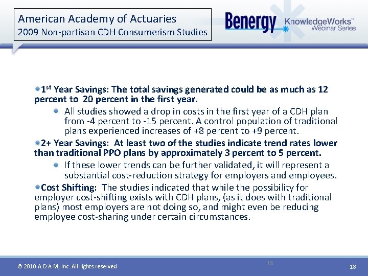 American Academy of Actuaries 2009 Non-partisan CDH Consumerism Studies 1 st Year Savings: The