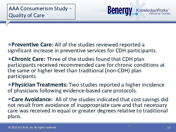 AAA Consumerism Study – Quality of Care Preventive Care: All of the studies reviewed