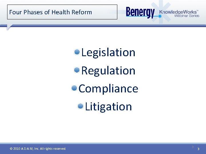 Four Phases of Health Reform Legislation Regulation Compliance Litigation © 2010 A. D. A.