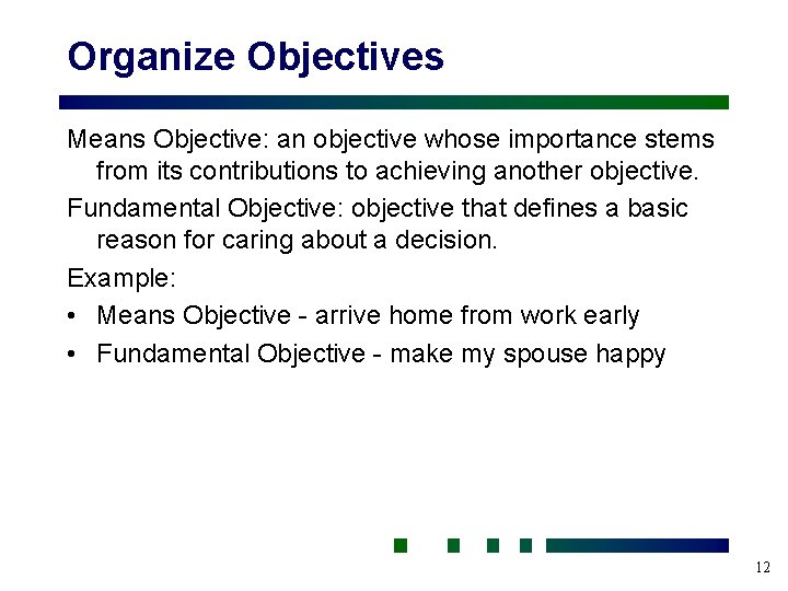 Organize Objectives Means Objective: an objective whose importance stems from its contributions to achieving