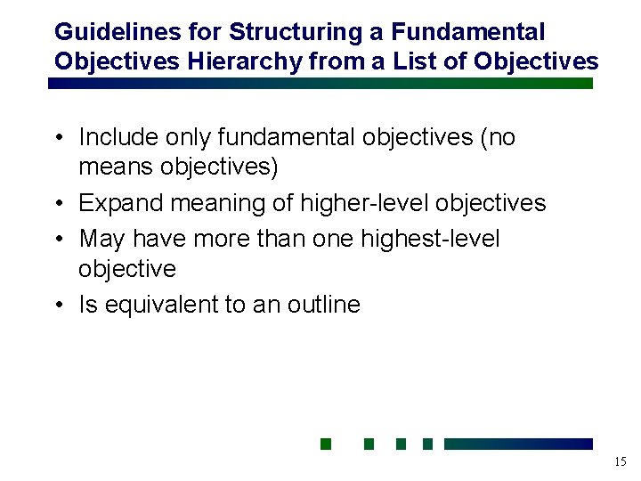 Guidelines for Structuring a Fundamental Objectives Hierarchy from a List of Objectives • Include