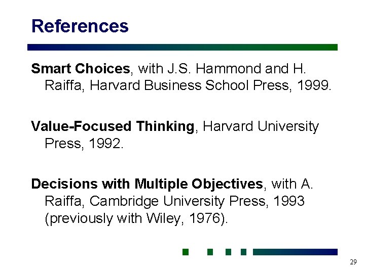 References Smart Choices, with J. S. Hammond and H. Raiffa, Harvard Business School Press,