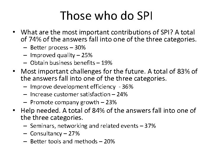 Those who do SPI • What are the most important contributions of SPI? A