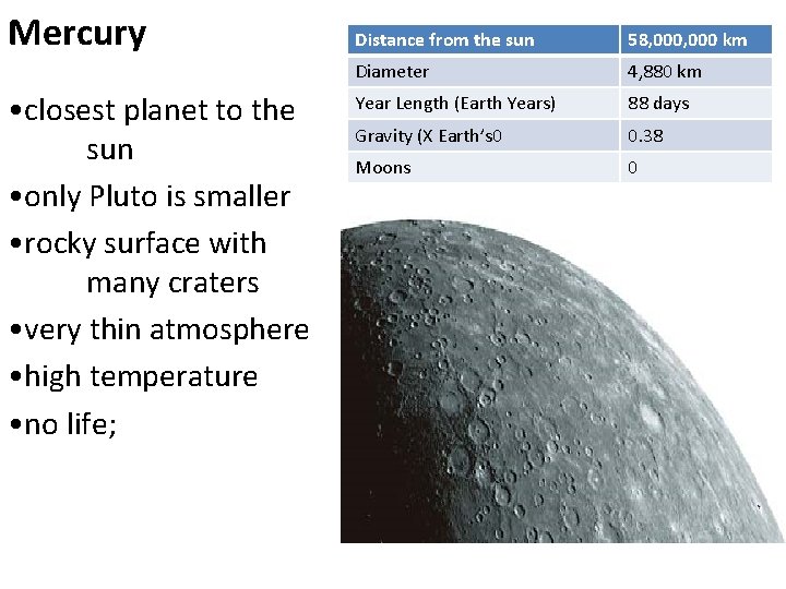 Mercury • closest planet to the sun • only Pluto is smaller • rocky