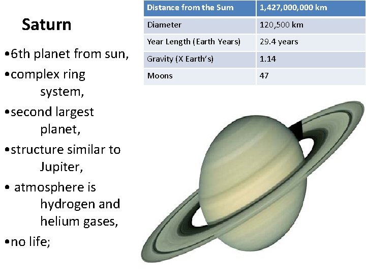 Saturn • 6 th planet from sun, • complex ring system, • second largest