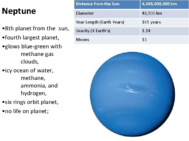 Neptune • 8 th planet from the sun, • fourth largest planet, • glows