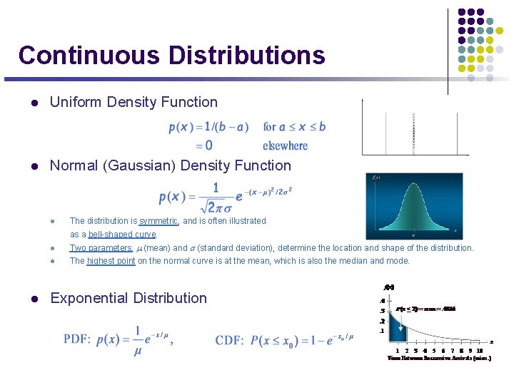 Continuous Distributions l Uniform Density Function l Normal (Gaussian) Density Function l The distribution