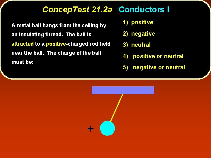 Concep. Test 21. 2 a Conductors I A metal ball hangs from the ceiling