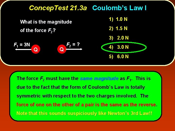 Concep. Test 21. 3 a Coulomb’s Law I What is the magnitude 1) 1.