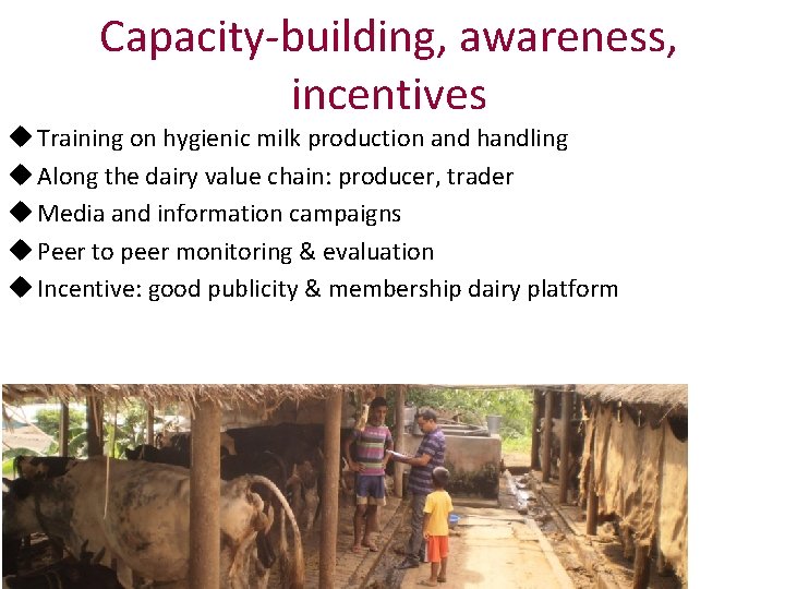 Capacity-building, awareness, incentives u Training on hygienic milk production and handling u Along the