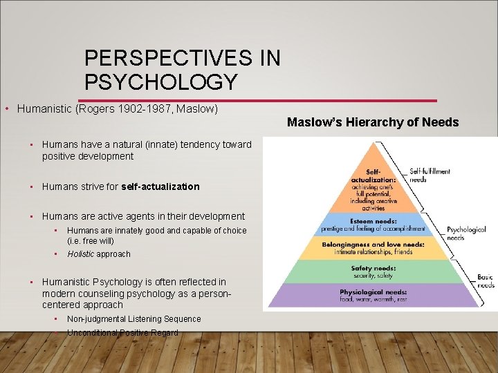PERSPECTIVES IN PSYCHOLOGY • Humanistic (Rogers 1902 -1987, Maslow) Maslow’s Hierarchy of Needs •