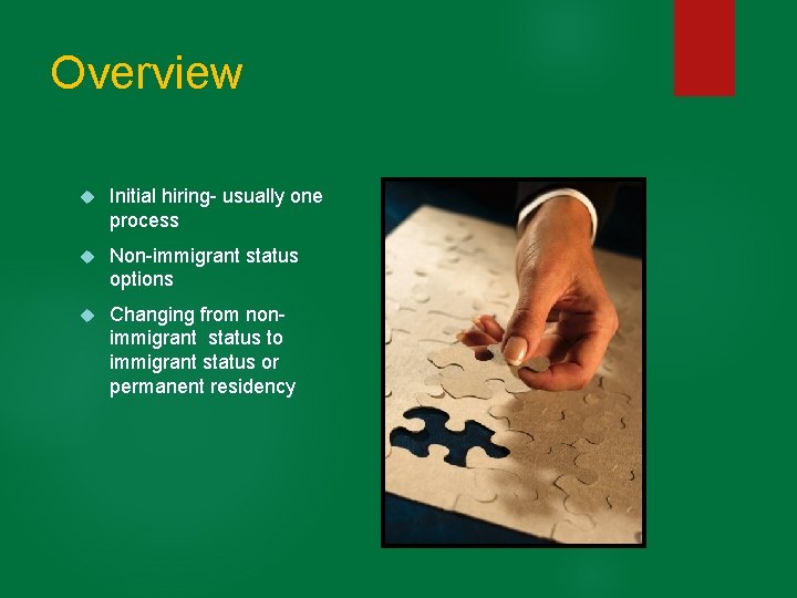 Overview Initial hiring- usually one process Non-immigrant status options Changing from nonimmigrant status to