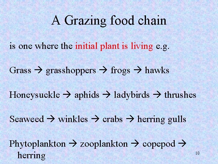 A Grazing food chain is one where the initial plant is living e. g.