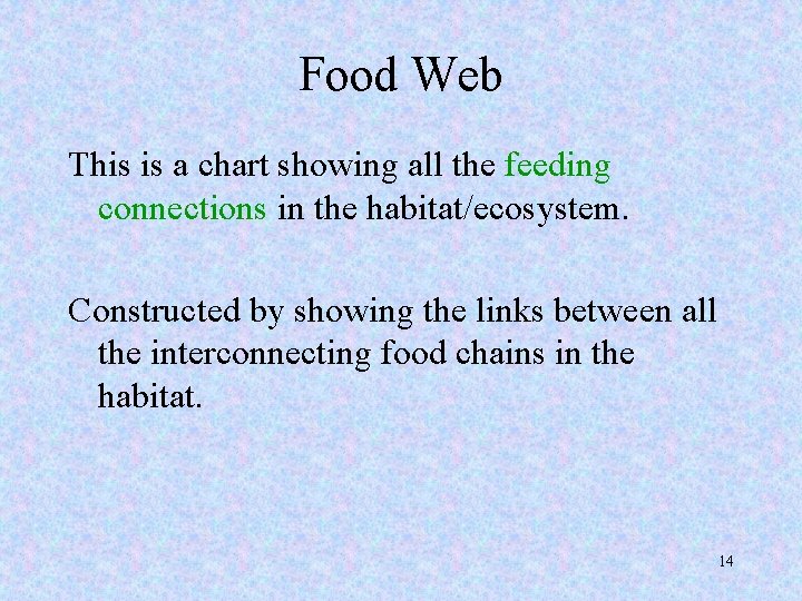 Food Web This is a chart showing all the feeding connections in the habitat/ecosystem.