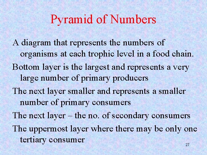 Pyramid of Numbers A diagram that represents the numbers of organisms at each trophic