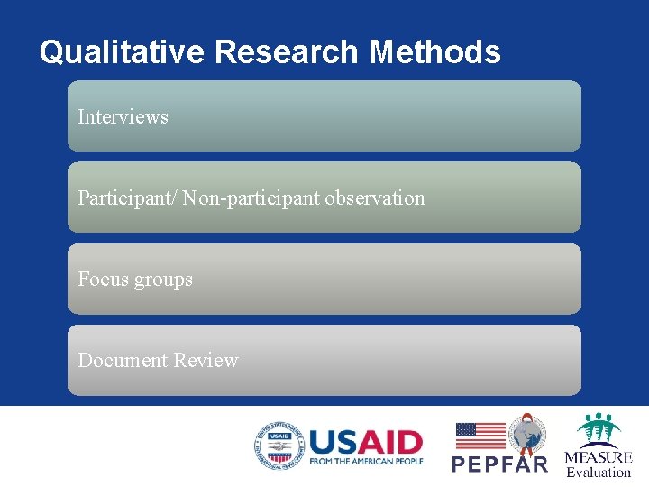 Qualitative Research Methods Interviews Participant/ Non-participant observation Focus groups Document Review 