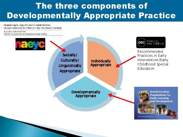 The three components of Developmentally Appropriate Practice Socially/ Culturally/ Linguistically Appropriate Individually Appropriate Developmentally