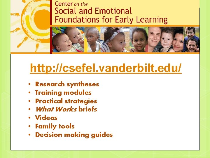 http: //csefel. vanderbilt. edu/ • • Research syntheses Training modules Practical strategies What Works